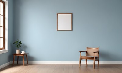 The stylish Modern wooden living room has an armchair on an empty dark blue wall background