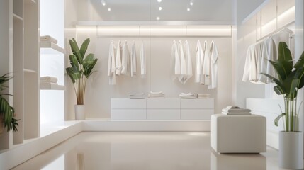 Fototapeta premium Sophisticated white closet interior with designer clothes and accessories, illuminated by window light