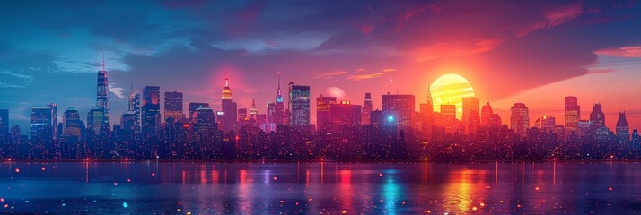Obraz premium City skyline at sunset with vibrant colors and reflections on the water, illustrating urban beauty.