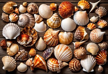 beautiful seashell collection showcased rustic wooden table, displayed, natural, interior, decoration, beach, ocean, marine, exotic, variety, colorful