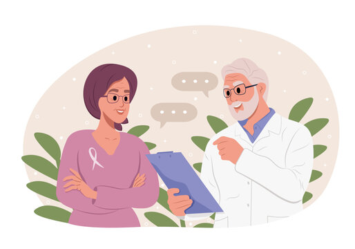 Doctor talking to cancer patient woman in headscarf. Vector template for banner, greeting card, poster.