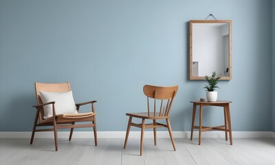 The stylish Modern wooden living room has an armchair on an empty dark blue wall background