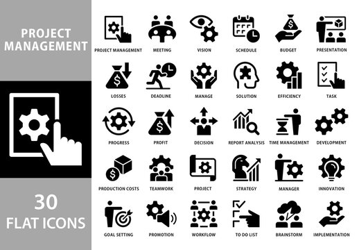 Project Management Black and White Flat Icons Set