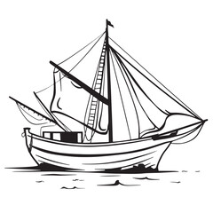 Sketch of the sailing boat drawing black and white