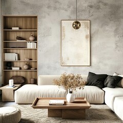 a living room with a couch , coffee table , and bookshelf