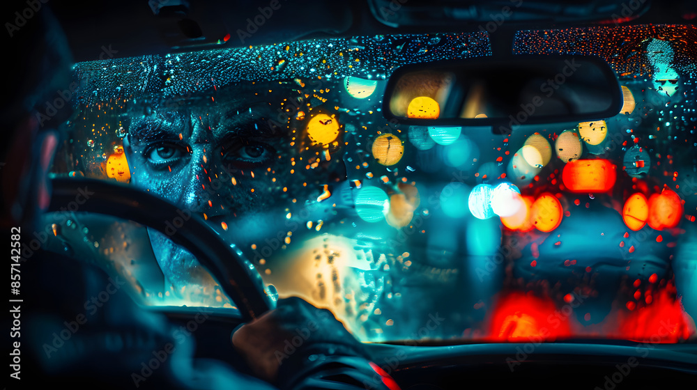 Poster Mysterious man driving at night through rain