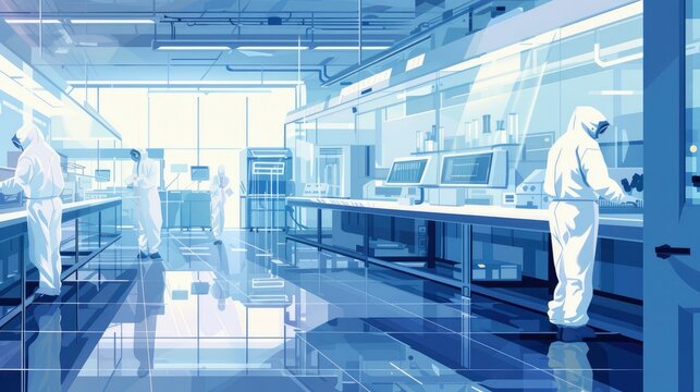Cleanroom environment with technicians working on semiconductor production