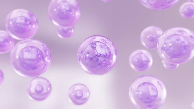 Macro shot of various air bubbles in water rising on a light blue background. Super slow motion Beauty glossy Moisturizing bubble blobs or drops 3D animation design