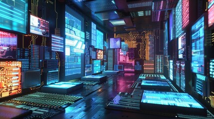 Semiconductor chip design process showcased on multiple digital screens