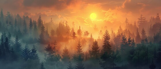 Naklejka premium Misty Forest Sunset.