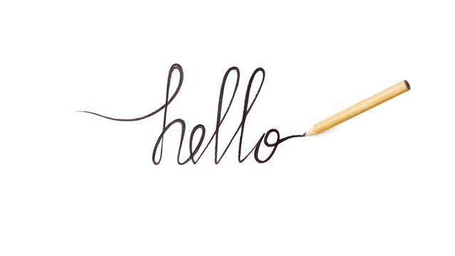 Inscription HELLO with continuous line drawing with pencil stop motion animation isolated on white background, concept template, splash screen, banner 4k