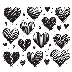 Hand-Drawn Hearts on Clean White Background, Variety of Shapes and Sizes