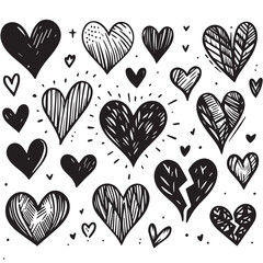 Hand-Drawn Hearts on Clean White Background, Variety of Shapes and Sizes