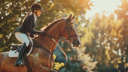 Fototapeta premium A woman is riding a horse in a forest