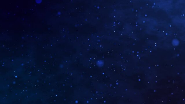 Abstract bokeh particles float slowly in the air on a dark background. Futuristic dot wave. Background of particle movement in dark clouds. Clouds in the sky. 3D rendering. 4k animation