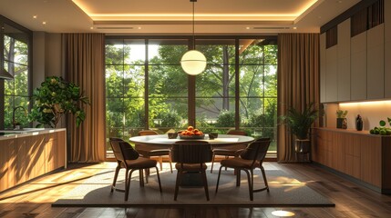 Fototapeta premium A contemporary dining room with a round table, stylish chairs, and modern lighting, 8k, illustration background