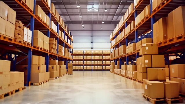 Spacious warehouse filled with cardboard boxes on high shelves, ready for shipping and distribution in an industrial storage facility.