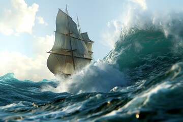 a sailing ship is sailing through big waves by generative ai