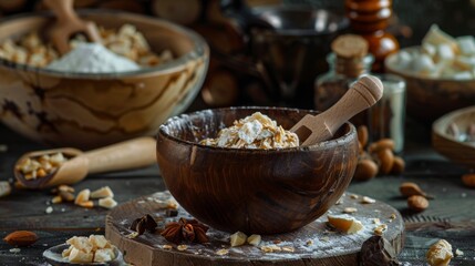 Rustic Wooden Bowl with Flour and Chopped Nuts