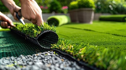 Hands installing artificial grass on a backyard lawn, showcasing the detailed process of landscaping with modern techniques for a perfect green finish.
