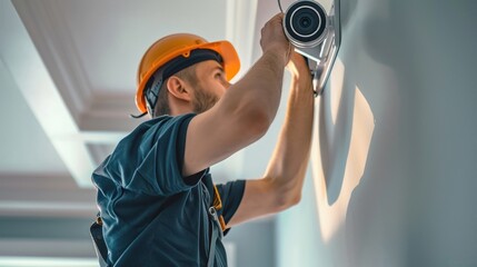 Professional technician installing a security camera on a wall, wearing a hard hat and focused on ensuring safety and surveillance.