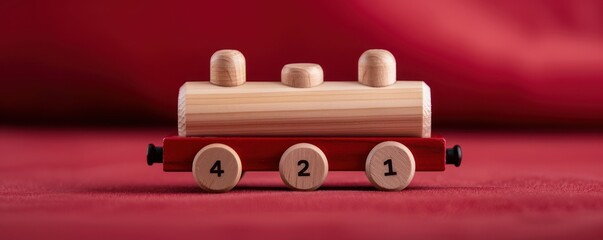 Naklejka premium Wooden toy train with numbered wheels on red background.