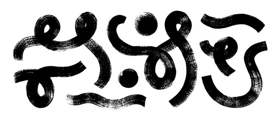 Various doodle grunge geometric shapes, loops and circles collection. Brush drawn creative modern elements for collages and templates. Thick and bold wavy brush strokes, dots and loops.