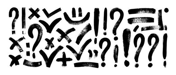 Hand drawn various punctuation signs, check marks, exclamation and question marks, brackets.