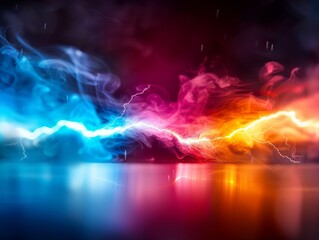 abstract lightning strike with blue and red smoke on dark background.