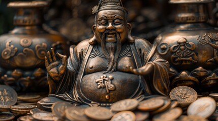 Obraz premium Depict a smiling bronze Chinese deity, Hotai, encircled by metallic currency on a spotless black background