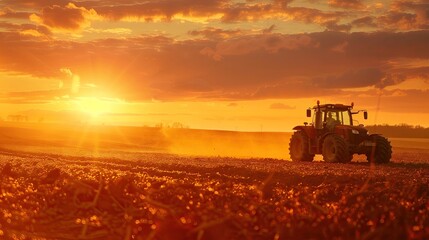 Fototapeta premium Farm workers with tractors. Plowing fields with tractors at sunset.