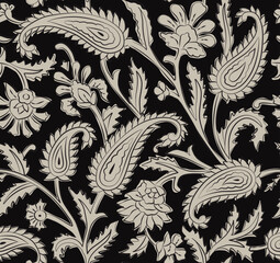 MONOCHROME PAISLEY FLORAL SEAMLESS PATTERN ALL OVER PRINT VECTOR ILLUSTRATION