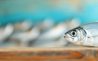 close-up of a silver fish on a wooden surface with a blurry blue background.