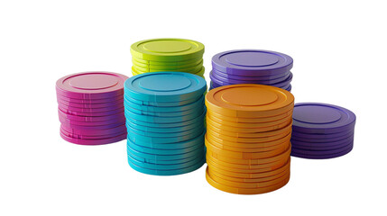3D render of colorful stacked poker chips on a white background