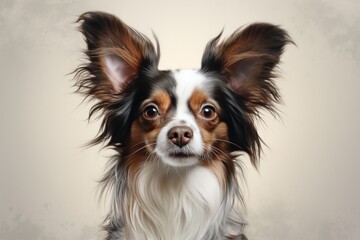 Portrait of a funny papillon dog while standing against plain white digital canvas