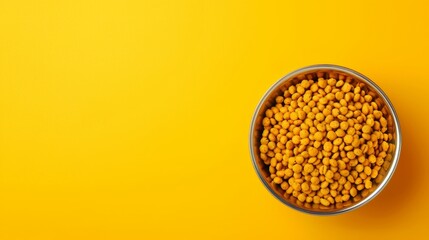 closeup of dry dog food in a bowl on a yellow background - perfect for pet nutrition and food marketing concepts.