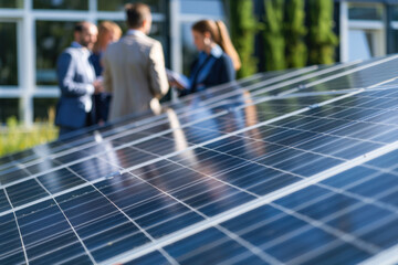 Business professionals discussing sustainable energy solutions beside solar panels outside a modern office building on a sunny day.