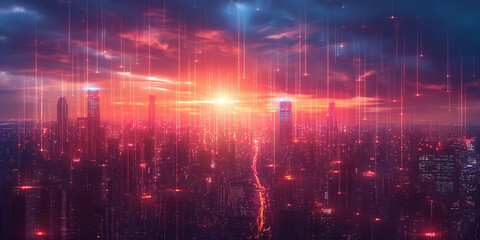 Fototapeta premium A city in night under a dusky sky is streaked with digital rain, representing the seamless integration of digital networks into the urban fabric. network solutions and spread of digital technology