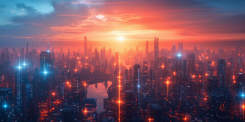 Fototapeta premium A city in night under a dusky sky is streaked with digital rain, representing the seamless integration of digital networks into the urban fabric. network solutions and spread of digital technology