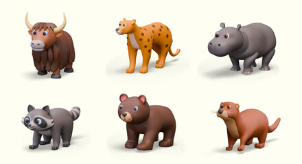 Set of 3D animals in cartoon style. Yak, cheetah, hippopotamus, raccoon, brown bear, otter © ArtHub007