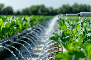Efficient irrigation system watering green crops in a field on a sunny day, promoting sustainable farming and agricultural productivity.