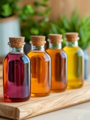 four glass bottles with cork stoppers containing different colored liquids on wooden cutting board.
