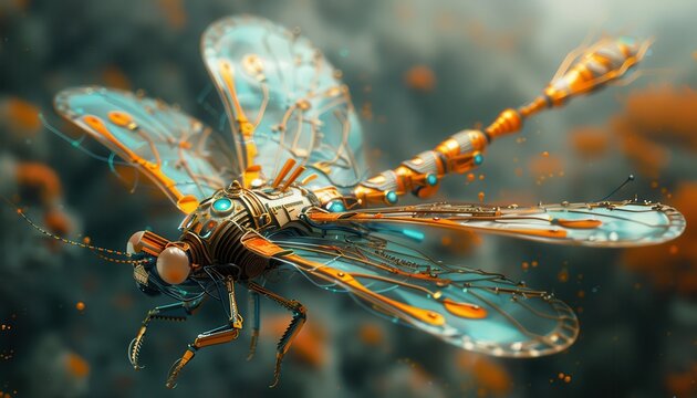 A detailed digital illustration of a steampunk-inspired dragonfly with intricate metallic parts and vibrant colors against a blurred background.