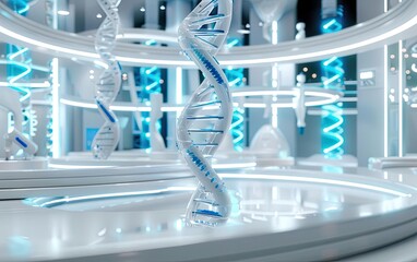 Futuristic lab with glowing DNA double helix structures, representing advanced genetic research and biotechnology innovation.