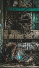 Obraz premium Baseball Catcher's Gear Neatly Arranged on Dugout Bench - Sports Equipment for Game Preparation