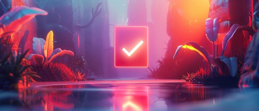 Futuristic digital checkmark floating in a neon-lit jungle environment, emphasizing innovation and technology in nature. - Powered by Adobe