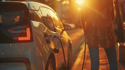 woman charging electric ev car