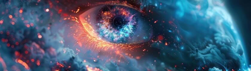A vibrant and surreal illustration of a cosmic eye glowing amidst a galactic background, symbolizing mystery and the infinite universe.