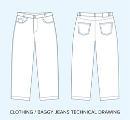Baggy Denim Jeans with Pockets, Technical Drawing, Apparel Blueprint for Fashion Designers
