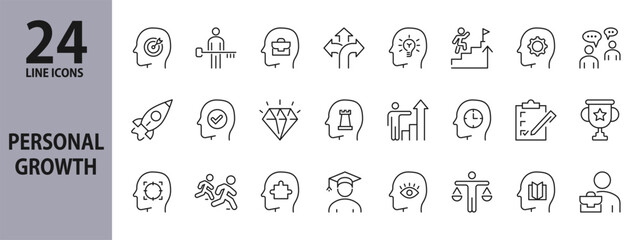 Personal Growth line icons set with Career, Professional, Rise, Goal, Progress, Success, Growth, Potential, Option, Motivation, Business, Idea, Focus, Result, Strategy and more. Editable Stroke